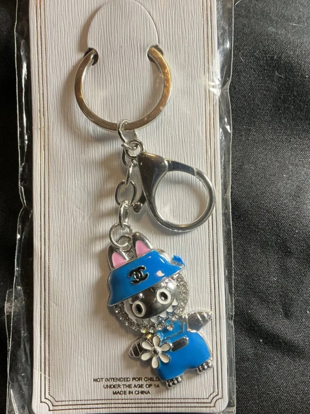 ★ Blue Rhinestone Cat Character Keychain Purse Bag Charm Silver Tone